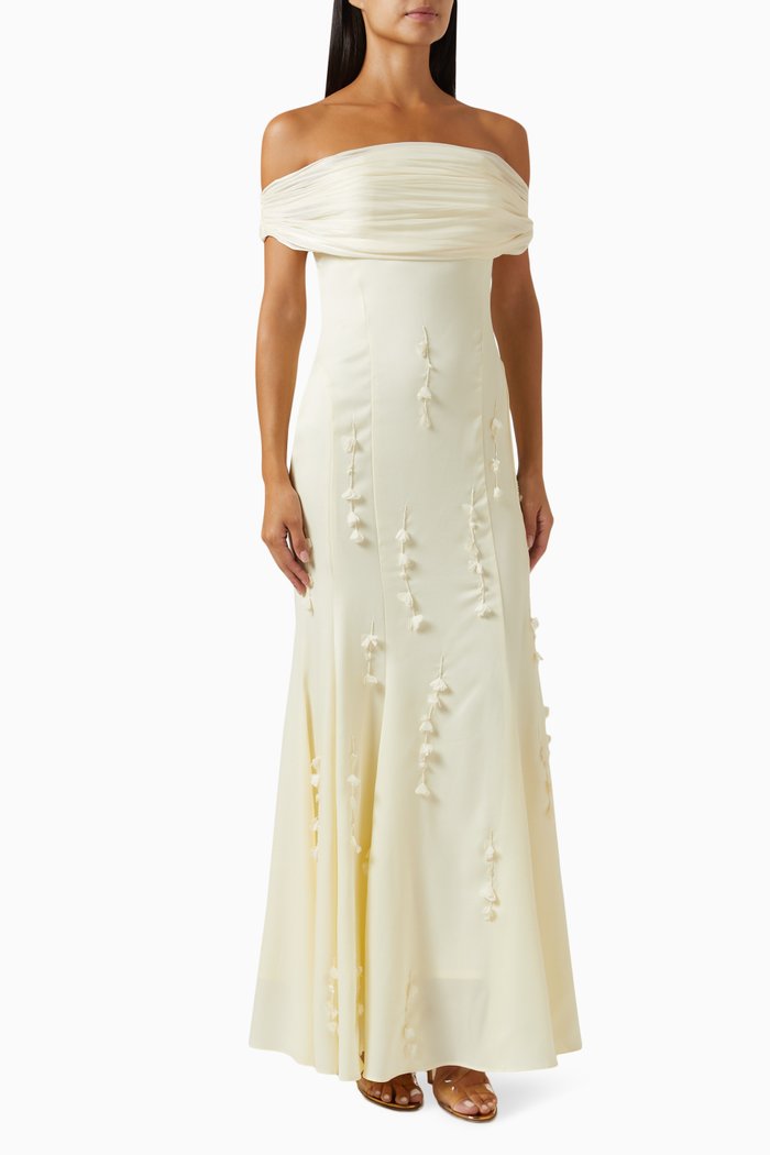 

Draped Off-shoulder Maxi Dress in Satin, Neutral