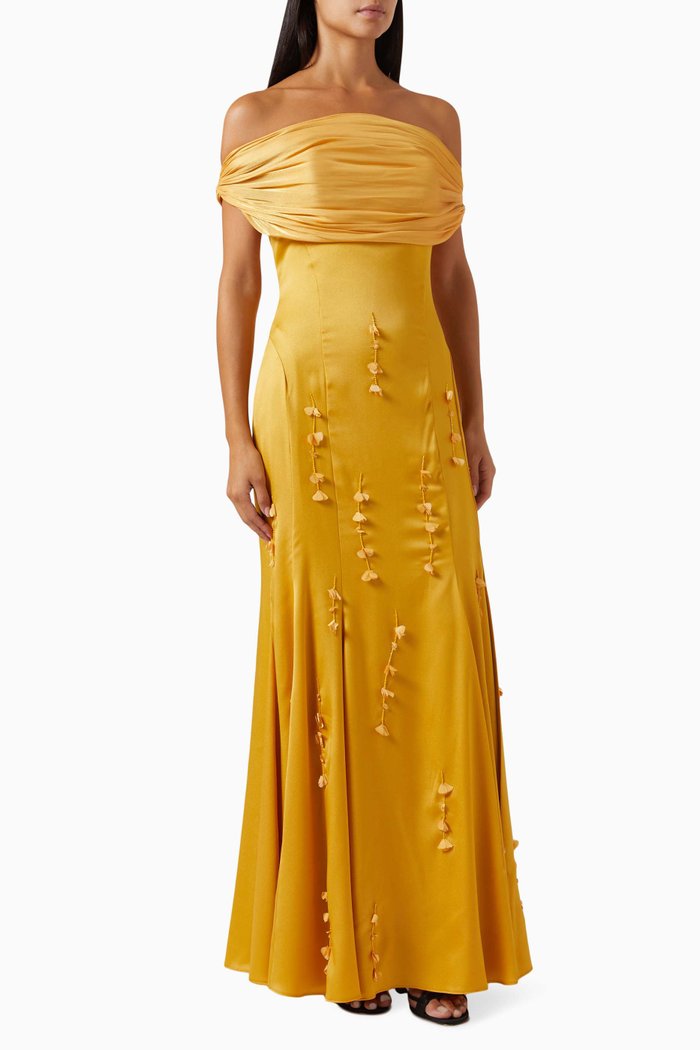 

Draped Off-shoulder Maxi Dress in Satin, Yellow