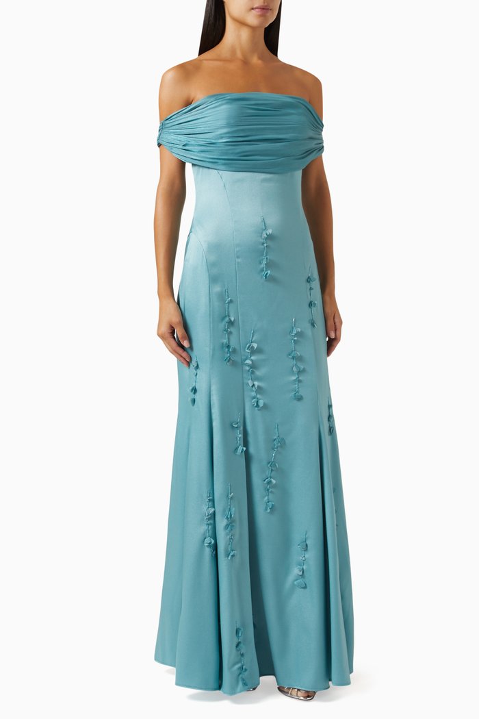 

Draped Off-shoulder Maxi Dress in Satin, Green