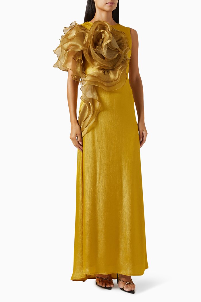 

3D Floral Applique Maxi Dress, Yellow