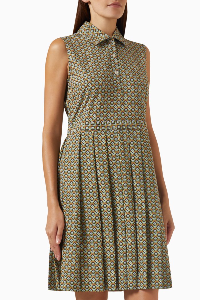 Printed Performance Pleated Golf Midi Dress in Stretch Woven, Brown