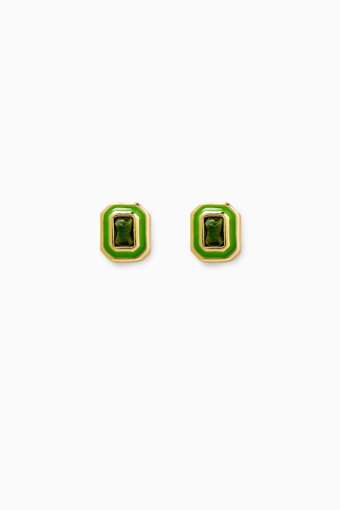 

Bezel CZ Stud Earrings in Gold-plated Brass, Green