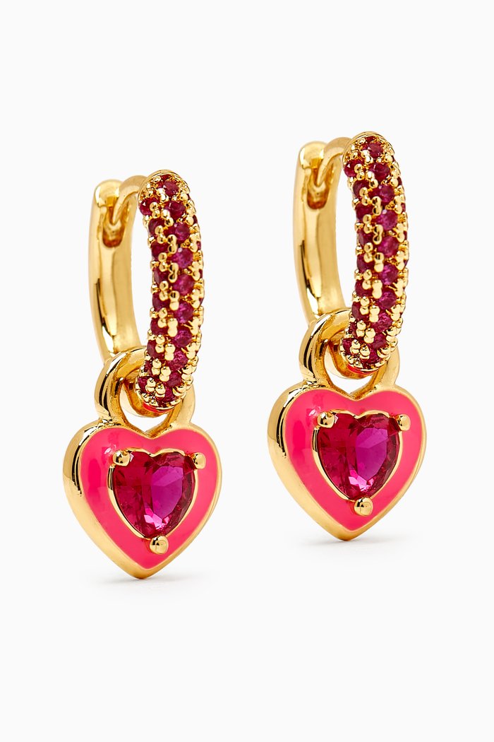 

Puffy Heart Huggies in Gold-plated Brass, Pink