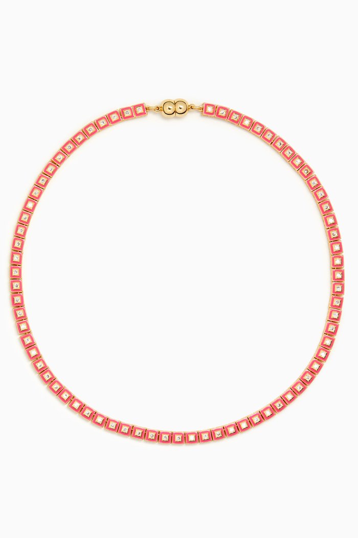 

Pyramid Stud Tennis Necklace in Gold-plated Brass, Pink