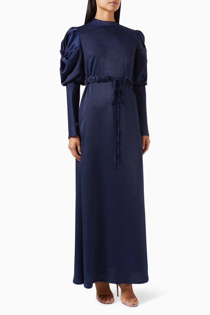 Demure Band Collar Maxi Dress, Blue