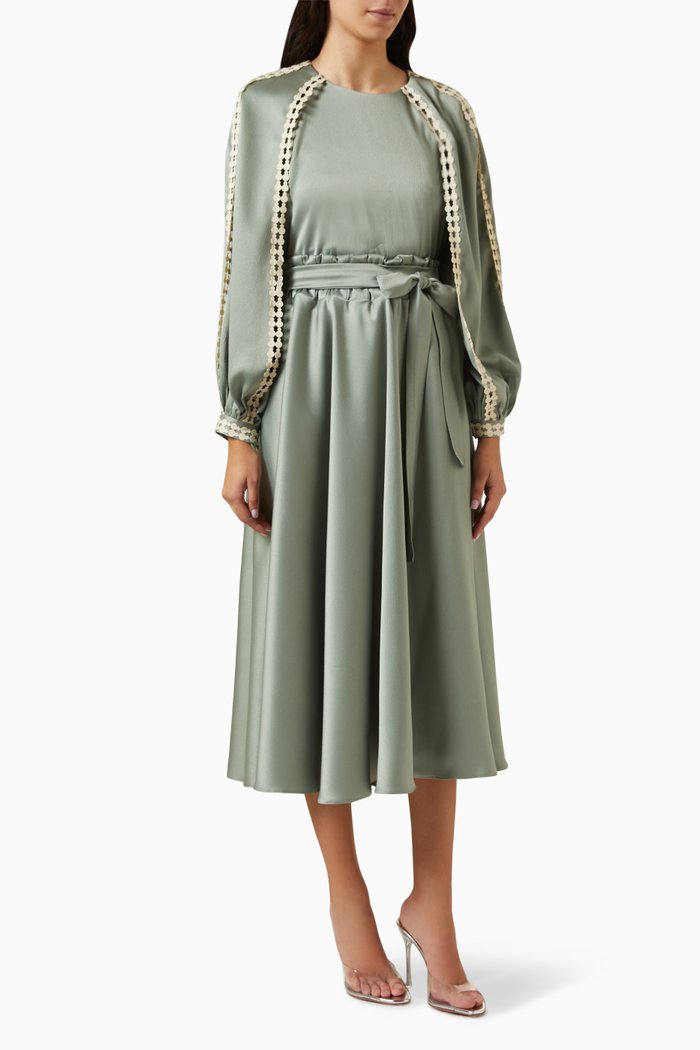 

Embroidered Raglan Sleeved Top and Skirt Set, Green