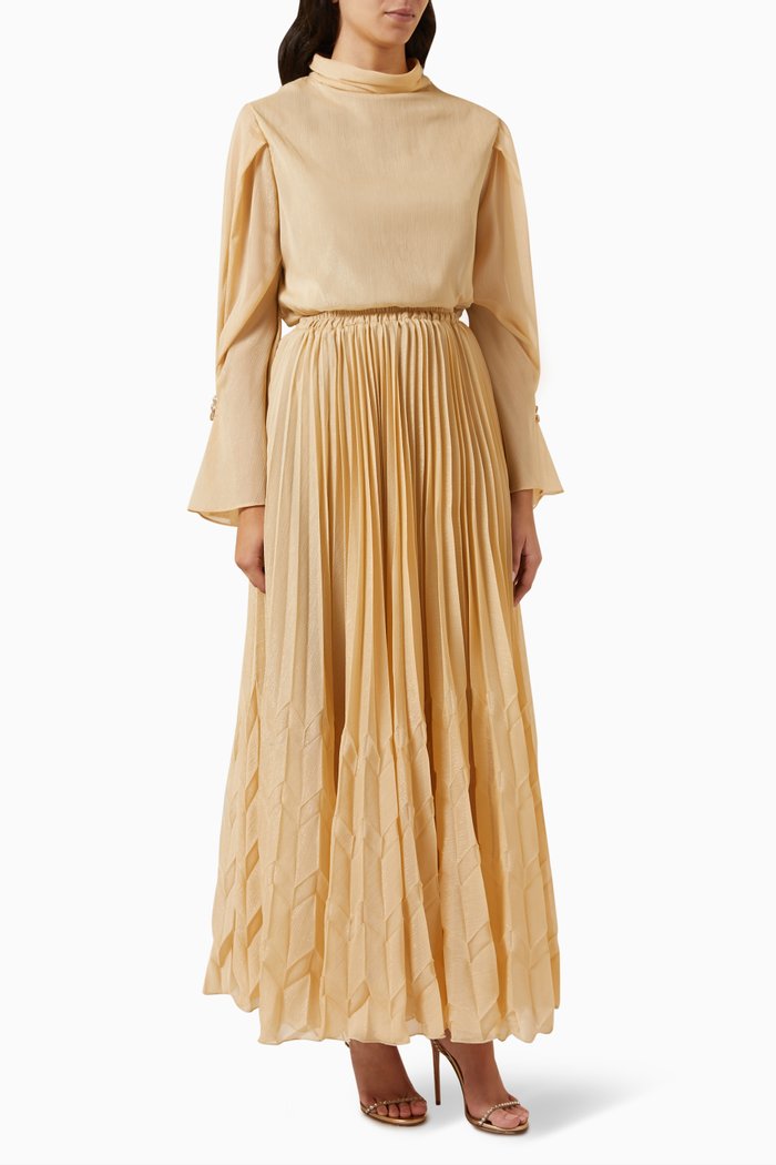 

High Neck Top and Pleated Skirt Set, Neutral