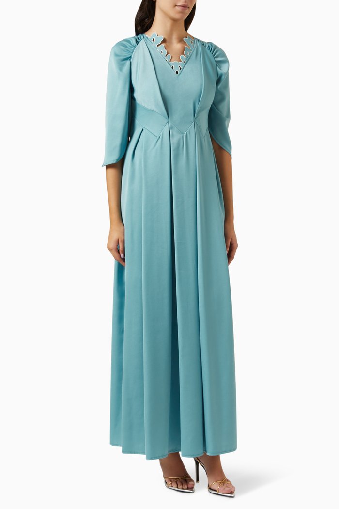 Embroidered Neckline Maxi Dress, Blue