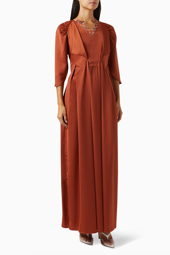 Embroidered Neckline Maxi Dress, Brown