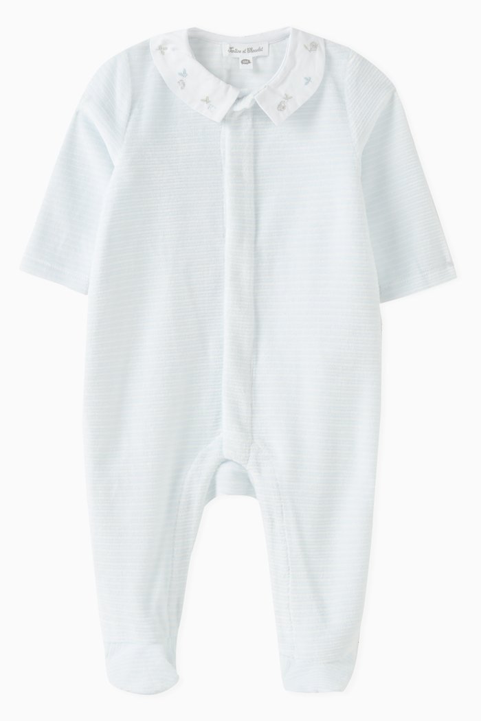 Embroidered-collar Striped Pyjama in Cotton Blend, Blue