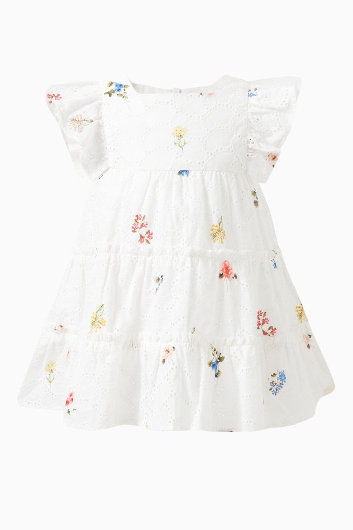 

Printed Tiered Dress in Cotton, White