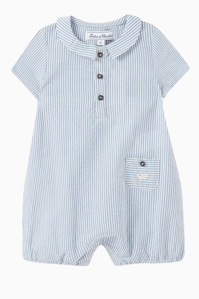 

Stripe Print Romper in Cotton, Blue