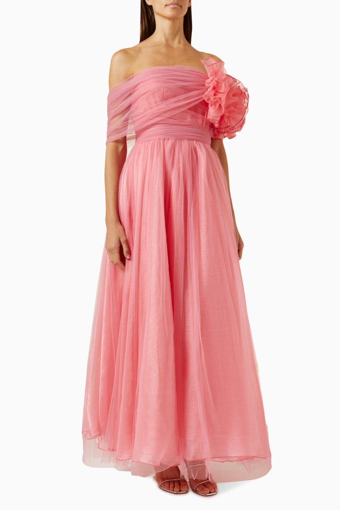 

Draped Off-shoulder Maxi Dress in Tulle, Pink