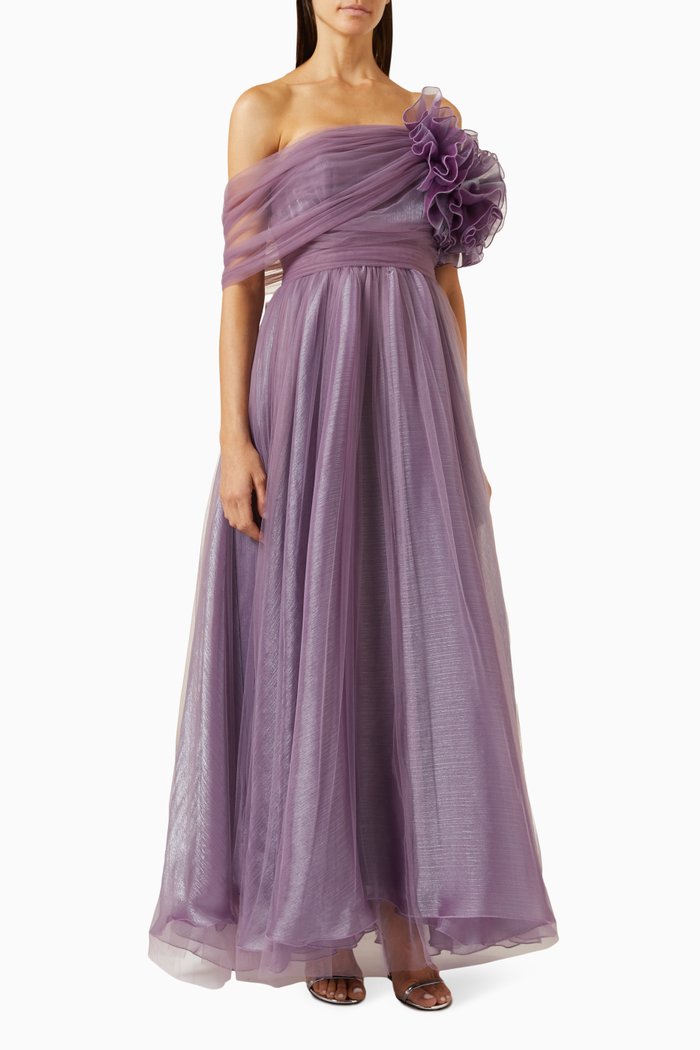 

Draped Off-shoulder Maxi Dress in Tulle, Purple