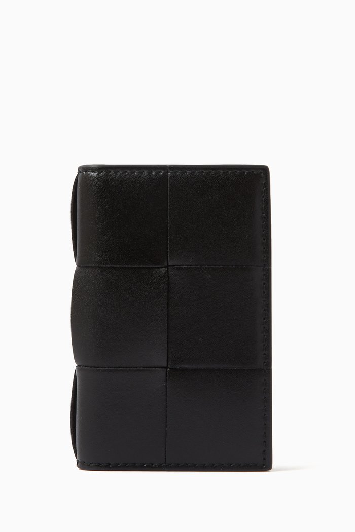 

Cassette Flap Card Case in Intrecciato Leather, Black