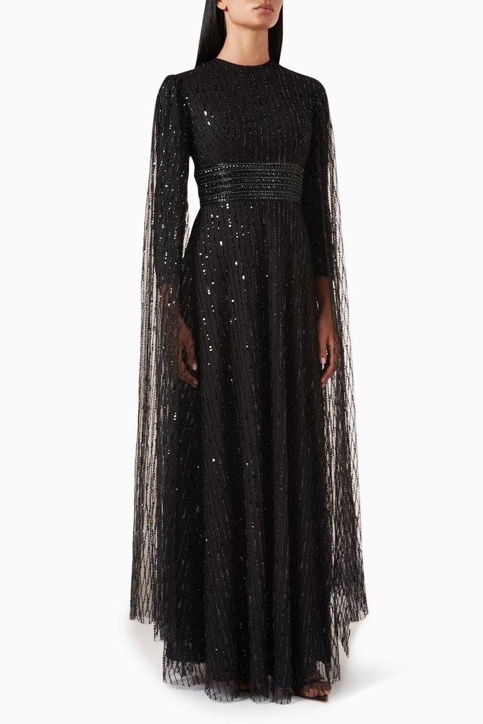 

Cape Belted Maxi Gown in Tulle, Black