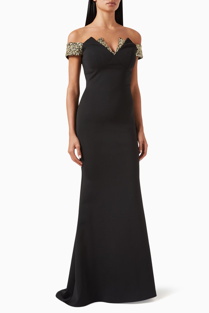 

Sequin Embellished Off-shoulder Gown in Tulle, Black