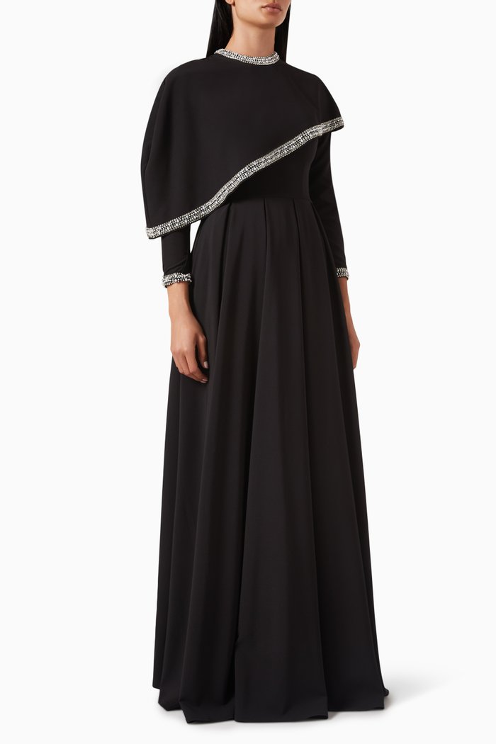 

Asymmetric Cape Maxi Gown in Knit Jersey, Black