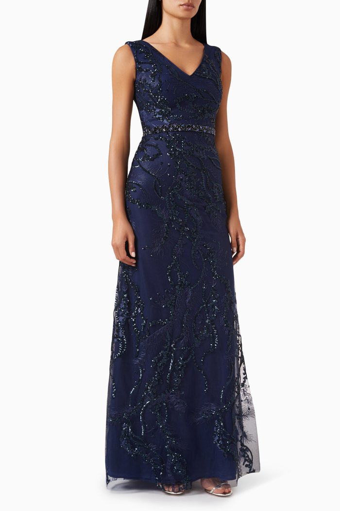 

Floral Sequin Embellished Maxi Gown in Lace, Blue