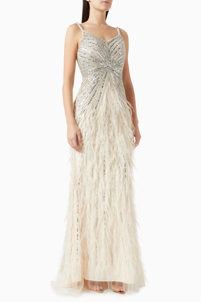 

Sequin & Feather Embellished Gown in Tulle, Gold