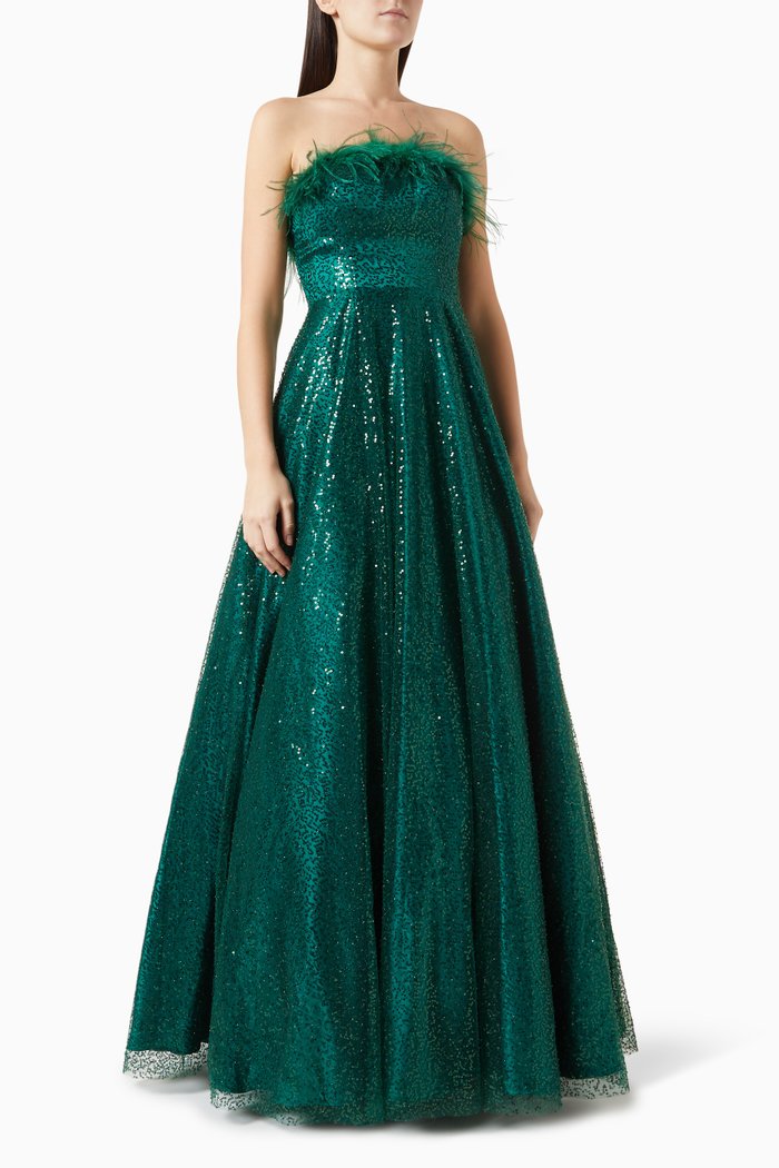 

Feather-lined Maxi Gown in Sequins, Green