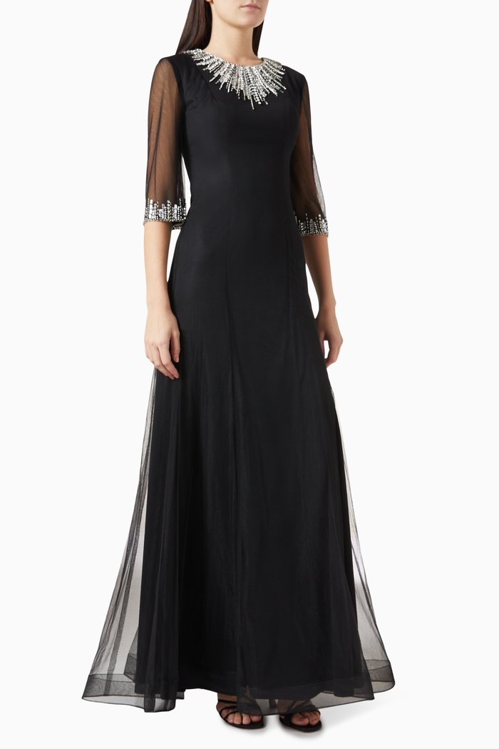 

Sequin Embellished Maxi Gown in Tulle, Black