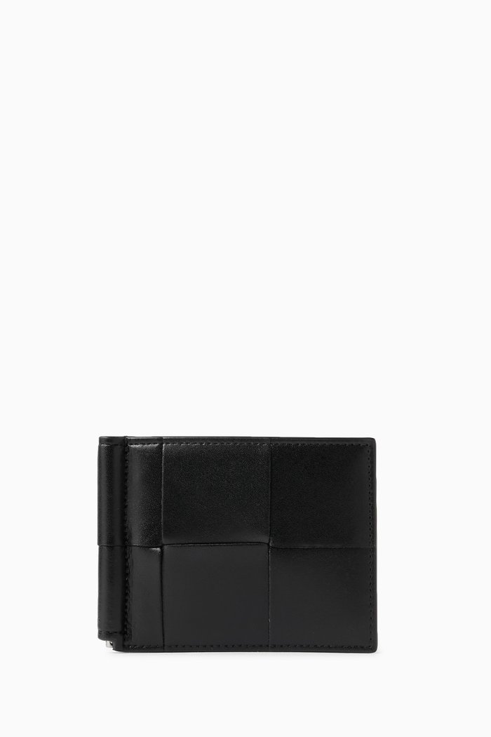 

Cassette Bill Clip Wallet in Intreccio Leather, Black