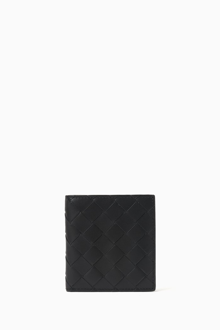 

Slim Bi-fold Wallet in Intrecciato Leather, Black