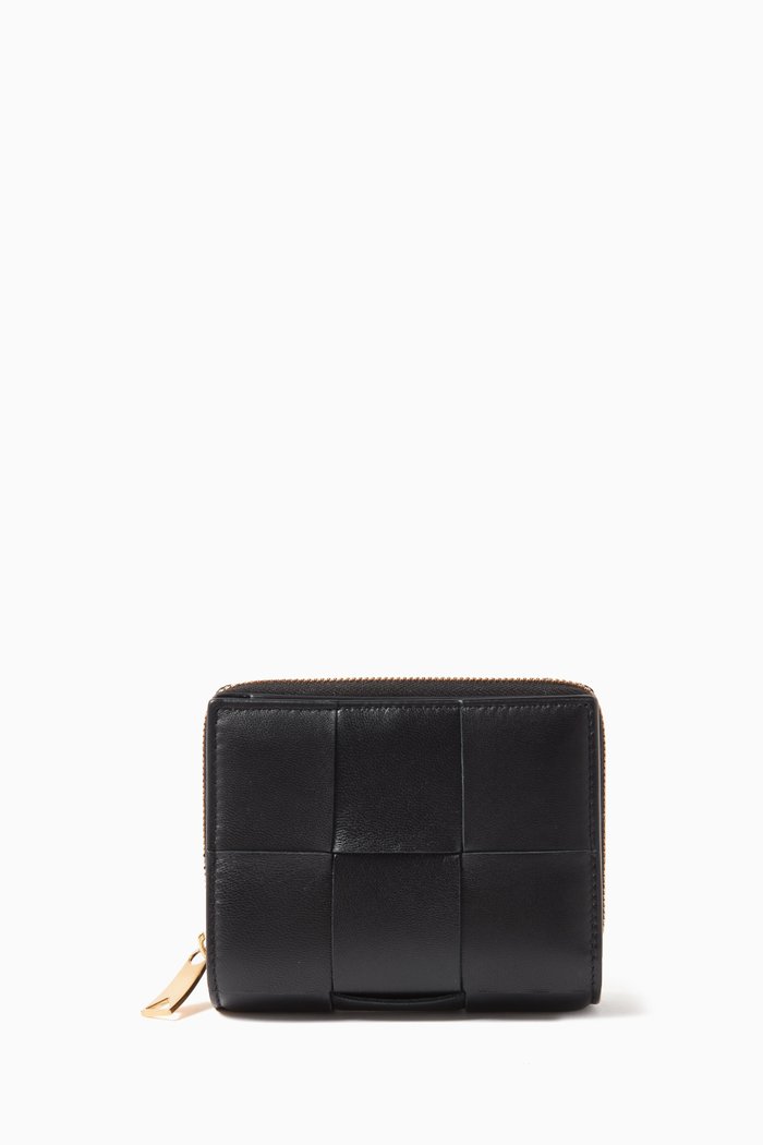 

Small Cassette Bi-fold Zip Wallet in Intreccio Leather, Black