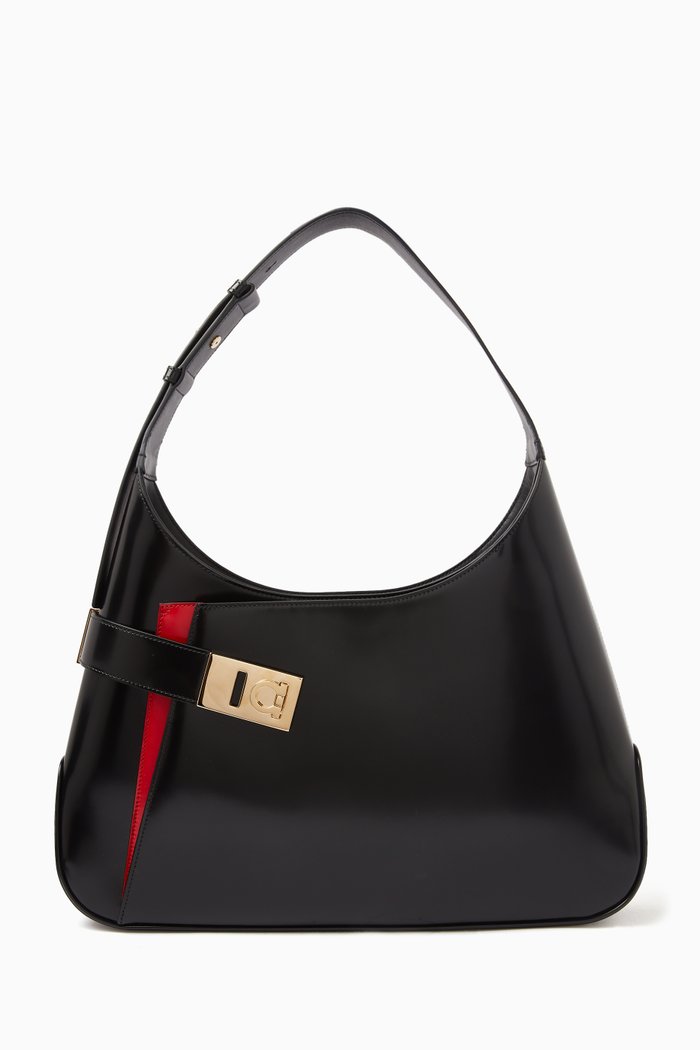 

Large Hobo Shoulder Bag in Brushed Leather, Black