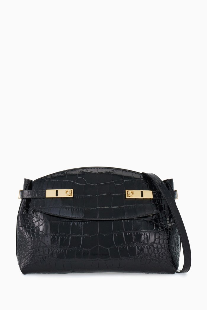 

Large Hug Shoulder Bag in Crocodile-embossed Leather, Black