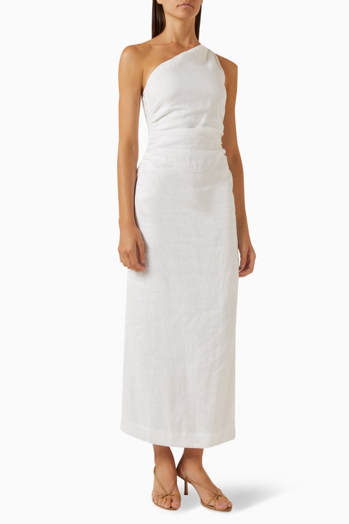 

Jomana One-shoulder Midi Dress in Linen, White