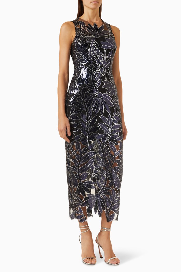 Kinsley Floral Garden Midi Dress in Sequin, Blue