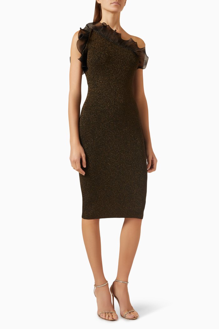 

Metallic One-shoulder Dress in Rib-knit, Gold