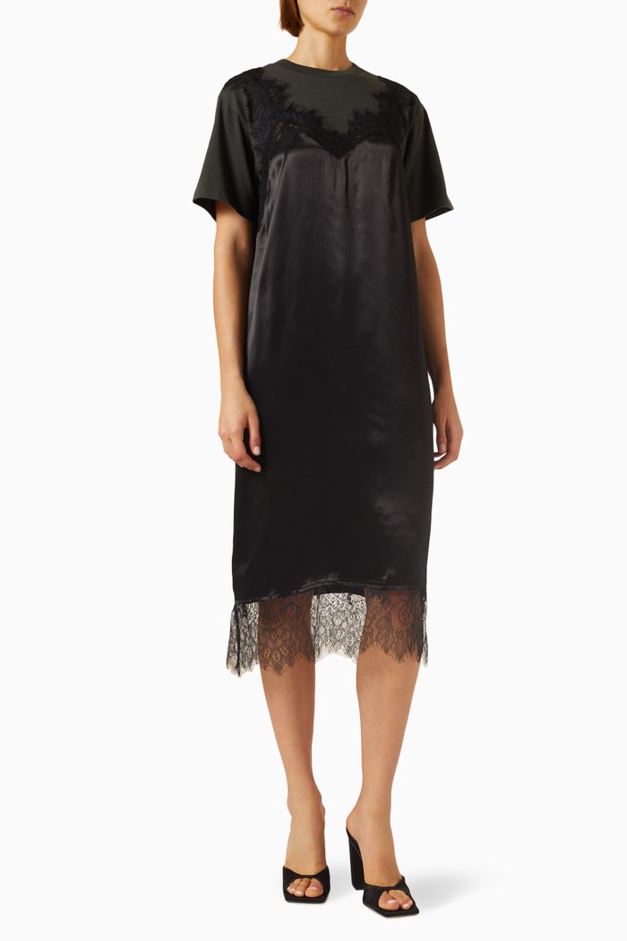 Lorraine Lace Combo Dress in Cotton, Black