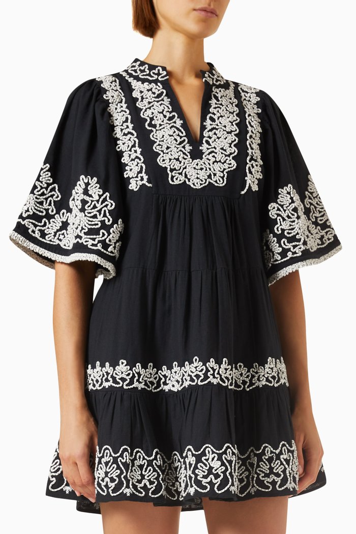 

Cordera Embroidered Tiered Dress, Black