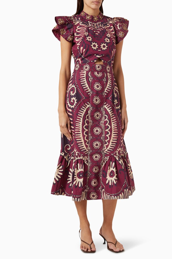 

Charlough Print Cut-out Midi Dress in Cotton, Pink