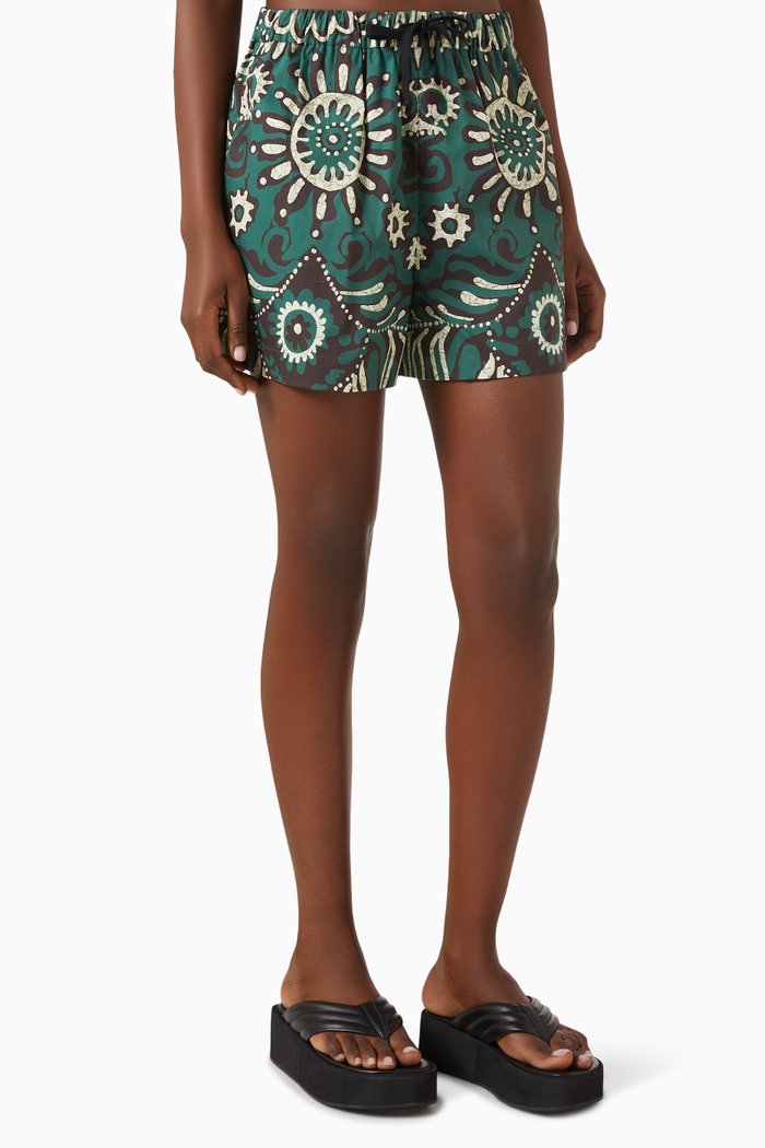 

Charlough Print Swim Coverup Shorts in Cotton, Green