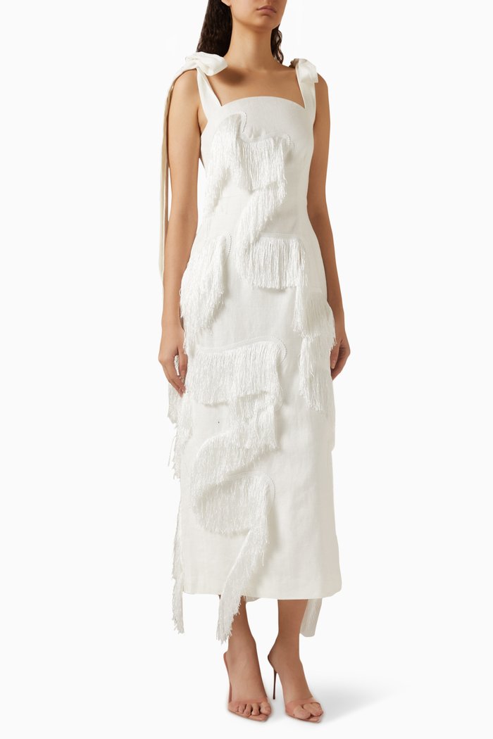 

Harper Fringe Dress in Linen, White