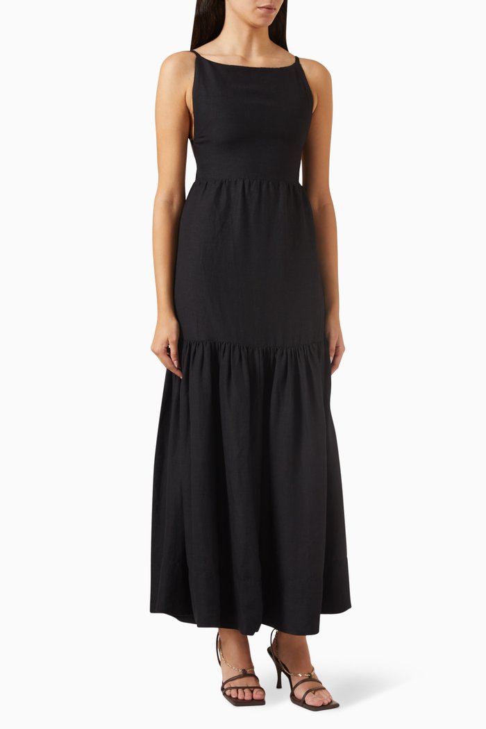 

Elise Tiered Maxi Dress in Linen-blend, Black