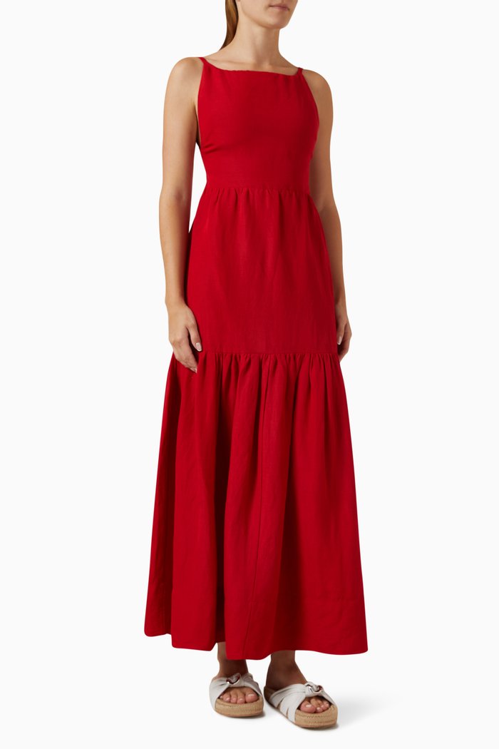 Elise Tiered Maxi Dress in Linen-blend, Red