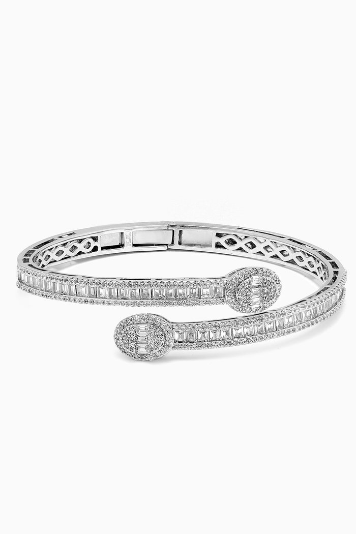 

Baguette Oval Bypass Bangle in Rhodium-plated Brass, Silver