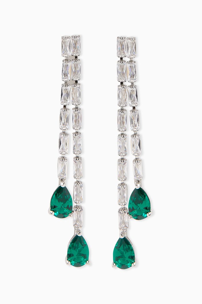 

Baguette Double Drop Pear Earrings in Rhodium-plated Brass, Green