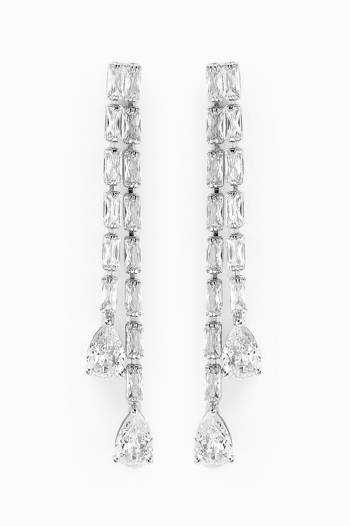 

Baguette Double Drop Pear Earrings in Rhodium-plated Brass, Silver