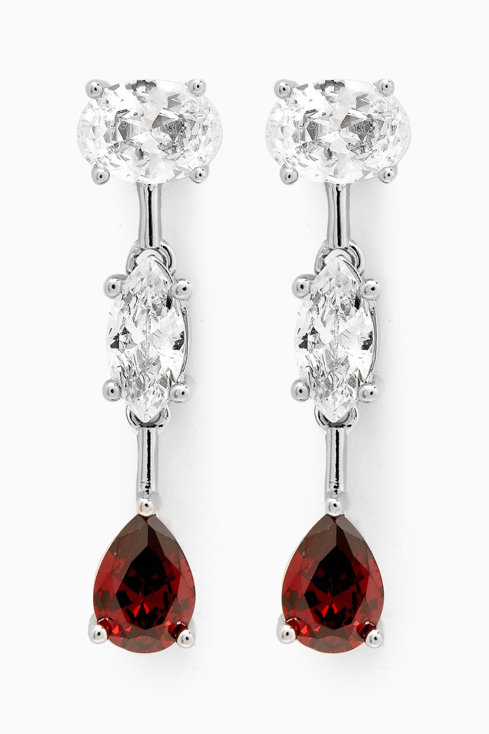 Triple Bar Space Drop Earrings in Rhodium-plated Brass, Red