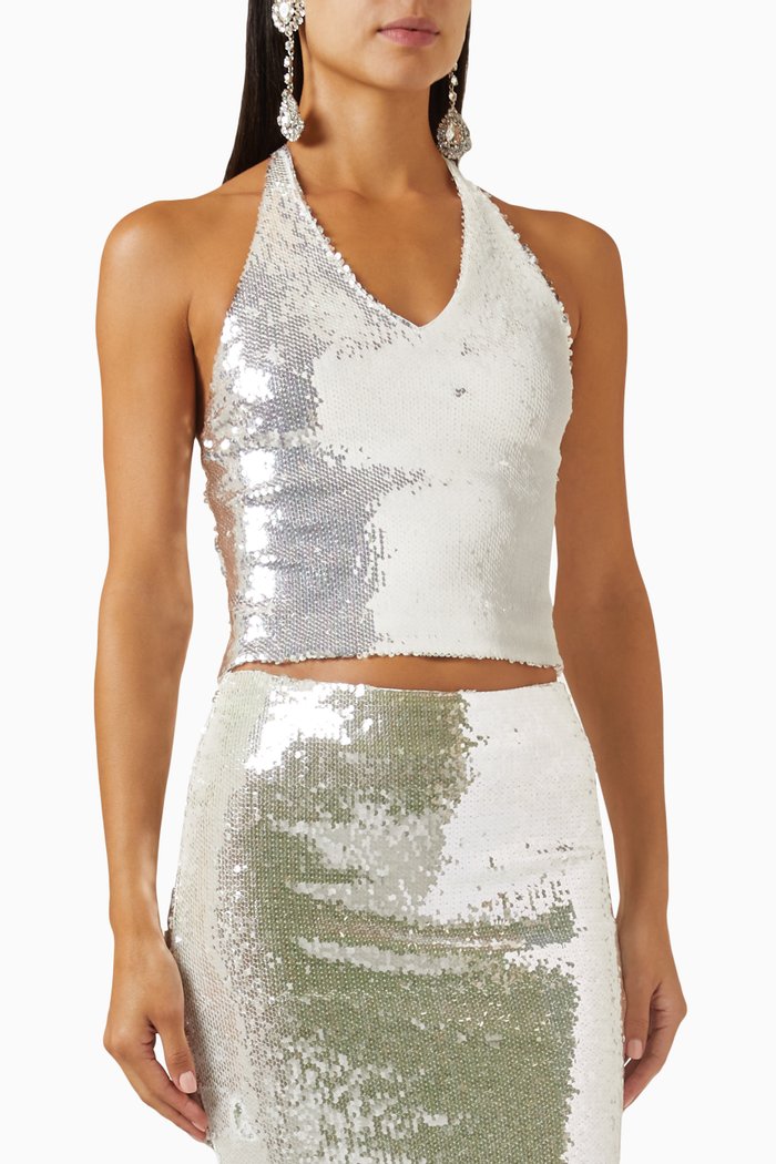 

Kia Halterneck Top in Sequins, White