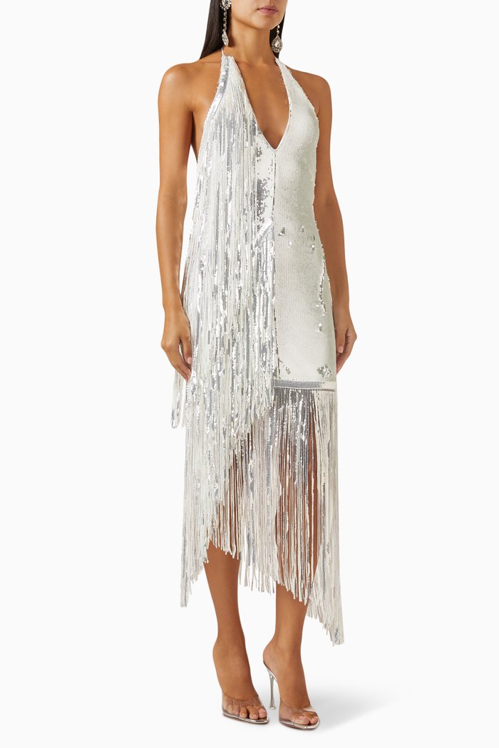 

Noor Fringed Dress in Sequins, White