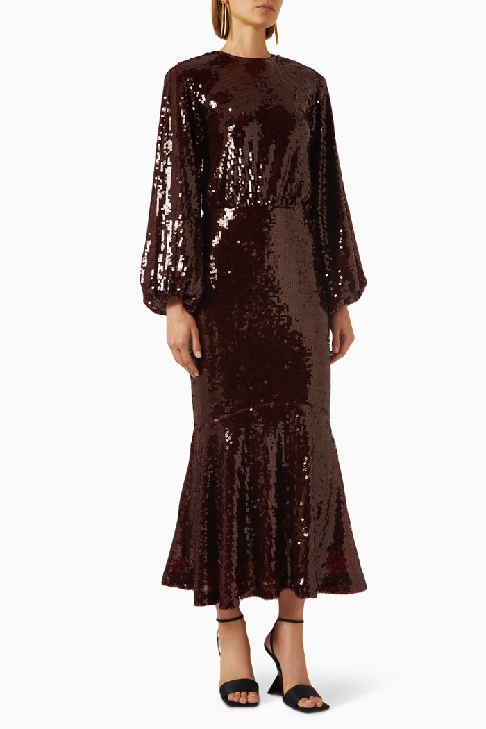 Billia Maxi Dress in Sequin, Burgundy