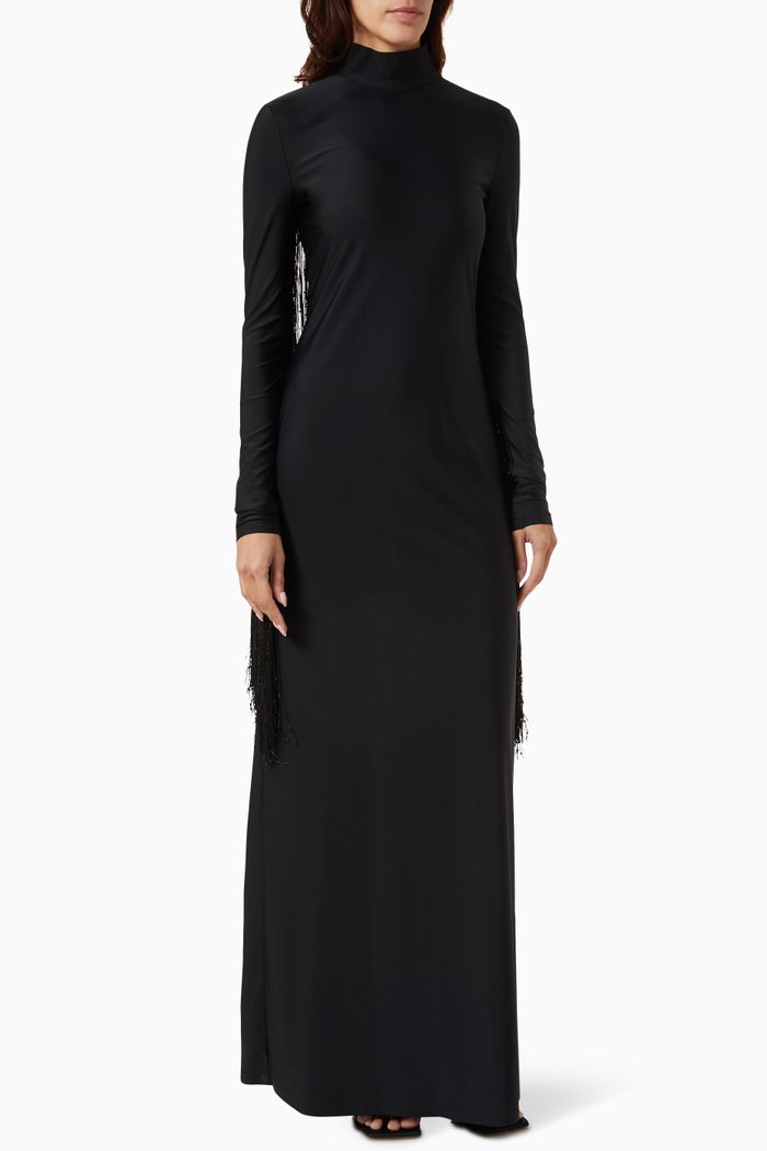 

Reba Fringe Maxi Dress in Recycled Polyamide, Black
