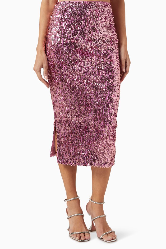 

Tasha Embellished Midi Skirt in Sequins, Pink